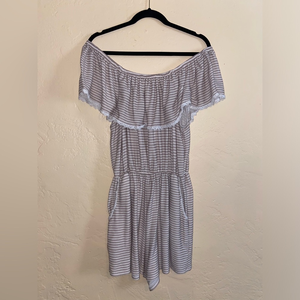Off the shoulder Lightweight Knitted Striped Romper with Pockets!